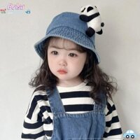 Mũ xô cho bé BOLSA, Mũ câu cá có mái hiên lớn bằng vải Cotton, Giặt Denim hoạt hình gấu trúc trang trí đi chơi Mũ chống nắng trẻ em