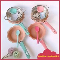 (MUA 1 ĐƯỢC 5) Bộ Nồi Chế Biến Đồ ăn Dặm Cho Bé, Quánh Bột, Chảo, Xửng Hấp, Nắp Thuỷ Tinh Kèm Vá