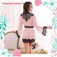 MUA 1 TẶNG 1 QUÀ Đồ ngủ áo khoác dài tay thun ren hồng be phối đen ' MS 45-042-104 Hàng Quảng Châu QUẢNG CHÂU CAO CẤP