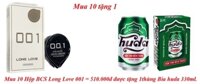 Mua 10 hộp bcs long love 001 = 510.000đ được tặng 1thùng bia huda 330ml.