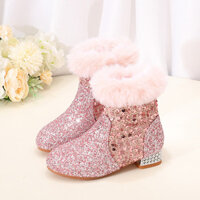 Mùa Đông 2024 Phong Cách Mới Giày Bốt Trẻ Em Thời Trang Lông Cừu Lót Bé Gái Công Chúa Giày Cao Gót Đính Kim Sa Lấp Lánh Giày Bốt Cho Bé