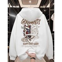 Mùa Đông Nam Mỏng Dài Tay Áo Lông Cừu Phong Cách Nhật Bản Múa Sư Tử In Hình Áo Chui Đầu Cổ Dây Rút Áo Len Có Mũ Trùm Đầu Đen Trắng