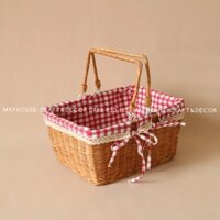 Mua Giỏ mây tre đan đi picnic hình chữ nhật có quai xách lót vải caro đỏ (Hàng có sẵn) Chính Hãng Giá Tốt