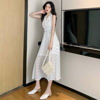 Mùa hè 2020 phiên bản Hàn Quốc mới của chiếc váy không tay cổ chữ V gợi cảm treo cổ áo voan chấm bi để gửi ôm ngực phụ nữ - Váy eo cao