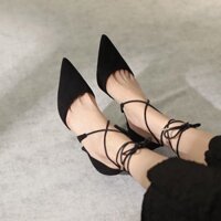 Mùa Hè 2022 Phong Cách Mới Đen Mũi Nhọn Dây Buộc Giày Cao Gót Nữ Stiletto Thời Trang Gợi Cảm Rỗng Mũi-Covered Sandals