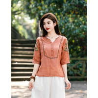 Mùa hè 2023 new cotton and linen vintage văn học cổ điển thêu nhỏ v-cổ t-shirt thêu tay áo ramie áo chui đầu (với kích thước lớn)