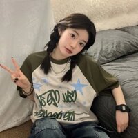 Mùa Hè 2023 Phong Cách Mới In Chữ Ngôi Sao Áo Thun Nữ Thiết Kế Tương Phản Màu Khâu Rời Top Phù Hợp