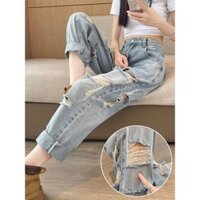 Mùa hè 2024 mỏng, cạnh cuộn, thắt lưng cao, củ cà rốt nhỏ, ăn mày, quần cha già破洞哈伦牛仔裤女2024夏季薄款卷边高腰显瘦萝卜小个子乞丐老爹裤