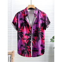 Mùa Hè 2025 Hàng Mới Về Ấm Áp Plus Kích Thước Nam Tay Ngắn Cho Nam Tím Đỏ Cây Dừa Áo Hawaii Kỳ Nghỉ