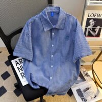 Mùa hè 2025 mới xu hướng Hàn Quốc kẻ sọc thời trang dáng rộng cổ đứng giản dị áo sơ mi nam tay ngắn