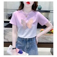 Mùa Hè 2025 Phong Cách Mới Gradient Tie-Dye Chữ Bướm In Hình Cổ Tròn Ngắn Tay Áo Thun Nữ Thời Trang t-Shirt t20250325