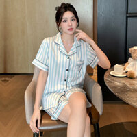 Mùa hè 2025 Victoria bé gái sọc băng lụa mỏng đồ ngủ ngắn tay quần short lụa nhẹ nước Bộ quần áo gia đình N9OS