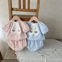 Mùa Hè Bé Gái Lớp A Hồng Xanh Sọc Tai Thỏ Bộ Chia Thêu Tinh Tế KL6W