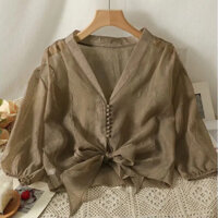 Mùa Hè Bong Bóng Tay Nơ Placket Áo Ngắn Nữ Vintage Voan Chống Nắng Áo Ngắn