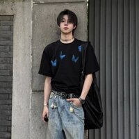 Mùa Hè Bướm Đen In Hình Áo Thun Nam Mỹ Retro Cổ Nhỏ Nửa Tay Hợp Thời Trang Rời Nửa Tay Top Nam