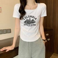 Mùa hè Hè Mỏng Trơn ôm body Vạt Bầu Áo thun nữ Vừa vặn siêu xinh cá tính thời trang Tay ngắn Cổ vuông Áo phông nữ Cho Nữ