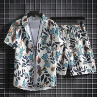 Mùa hè mới 2024 dáng rộng phiên bản Hàn Quốc vui nhộn họa tiết lá hoạt hình thời trang retro hoa Thái Lan bãi biển Hawaii nguyên bản Quần short nam Mỹ + bộ áo sơ mi ngắn tay