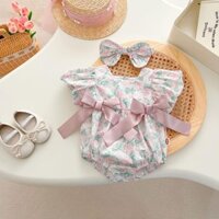 Mùa Hè Mới Bé Gái Áo Liền Quần Dễ Thương Và Ngọt Ngào Cho Bé Nơ In Hoa Một Mảnh + Dây Buộc Tóc 0-2 Tuổi