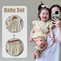 Mùa hè mới bé gái jumpsuit+tóc ban nhạc 0-2 năm trẻ sơ sinh jumpsuit bé màu vàng kẻ sọc hoa dễ thương bông