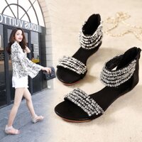 Mùa Hè Mới Của Hàn Quốc Một Từ Giày Sandal Đế Xuồng Và Giày Gót Thấp Và Đá Thạch Anh Đính Hạt Khoá Kéo La Mã Và bohemian