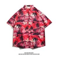 Mùa hè mới dáng rộng phiên bản Hàn Quốc vui nhộn hoạt hình cây dừa hoa văn Thời trang Thái đứng cổ hoa Hawaii bãi biển nguyên bản Mỹ giản dị nam áo sơ mi ngắn tay cổ điển