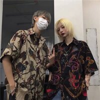 Mùa hè mới phiên bản Hàn Quốc của ins Harajuku retro in hình cá tính dây chuyền áo sơ mi ngắn tay nam nữ dáng rộng hoang dã áo sơ mi giản dị