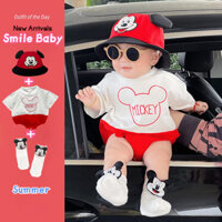 Mùa Hè Mới Quần Áo Cho Bé Trai Và Bé Gái Áo Liền Quần Ngắn Tay + Mũ + Tất 0-24 Tháng Tuổi Sơ Sinh Cotton Nguyên Chất Siêu Dễ Thương Hoạt Hình Tam Giác Onesie Phong Cách Hàn Quốc