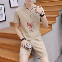 Mùa Hè Mỏng Thường Ngày Phù Hợp Với Nam Phong Cách Trung Hoa Thêu Hợp Thời Trang Cổ Chữ v Áo Thun Nam Bộ Đồ Ngắn Tay Quần Short Hai Mảnh Bộ Đồ Đẹp Trai20250328