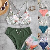 Mùa Hè Năm 2024 Hai Mảnh Bikini Nữ In Hoa Chia Mặc Đi Biển Phù Hợp Với Nữ Eo Thấp Polyester Bơi bộ