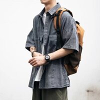 Mùa hè Nhật Bản Retro Đau Khổ Denim Nam Rời Phong Cách Quân Sự Áo Sơ Mi