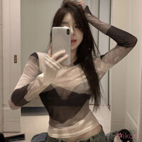 Mùa hè Nữ Cổ Tròn Dây Buộc Lưới Dài Tay Áo Chống Nắng Áo Thun Mỏng