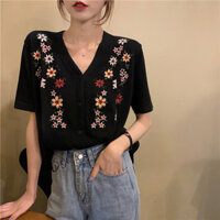 Mùa Hè Phong Cách Chanel Cổ Chữ v Thêu Băng Lụa Mỏng Tay Ngắn BM Dệt Kim Cardigan Nữ Thêu