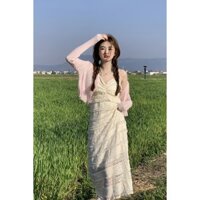 Mùa Hè Phong Cách Hàn Quốc Ngọt Ngào Giảm Tuổi Ren Khâu Bánh Sling Dress + Mỏng Chống Nắng Quần Áo Cardigan20250326