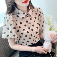 Mùa Hè Phong Cách Mới Áo Sơ Mi Voan Nữ Thời Trang Chấm Bi In Thiết Kế Cảm Thấy POLO Cổ Áo Tay Ngắn