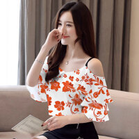 Mùa Hè Phong Cách Mới Áo Thun Tay Ngắn In Hình Lá Sen Tay Cổ Phẳng Áo Sơ Mi Nhỏ Sang Trọng Thời Trang