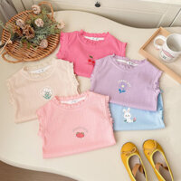Mùa Hè Phong Cách Mới Bé Gái Hơi Thở Cotton Thoáng Khí Áo Hoạt Hình Áo Vest Top Ren Không Tay Rời T