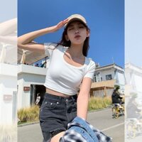 Mùa Hè Phong Cách Mới Cotton Nguyên Chất Cơ Bản Màu Trơn Áo Thun Nữ Thời trang Phong Cách Vai Trước Ôm Cổ Chữ U Đáy Áo Sơ Mi Bên Trong Ngắn Top