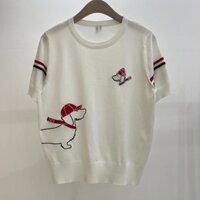 Mùa Hè Phong Cách Mới Đôi Tay Đầy Màu Sắc Ruy Băng Thêu Có Mũ Trùm Đầu Chó Con Thêu Cổ Tròn Chui Đầu Băng Lụa Tay Ngắn Dệt Kim Áo Thun