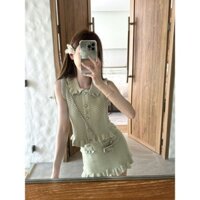 Mùa hè Phong Cách Mới Ice Silk Thiết Kế Không Tay Đan Top Bạc Hà Váy Xanh Mỏng Hơn Nhìn Hai Mảnh Nữ