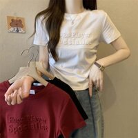 Mùa Hè Phong Cách Mới Không Đều Vẽ Xếp Ly Chữ Cái Phong Cách Ngắn Màu Trơn Áo Thun Nữ Thời trang