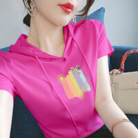 Mùa hè Phong cách mới Phiên bản Hàn Quốc Áo thun có mũ trùm đầu ngắn tay dáng rộng
