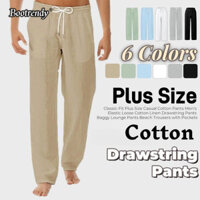 Mùa Hè Quần Baggy Nam Slack Quần Cắt Thẳng Plus Kích Thước Quần Vải Lanh Cotton Dây Rút Baggy lounge Đi Biển Quần Tập Yoga Có Túi