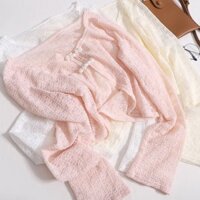 Mùa hè Retro Tấm Nút Cardigan Áo Khoác Nữ Ren Ngọc Trai Ngắn Tay Áo Mỏng