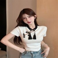 Mùa Hè Sang Trọng Mới Phong Cách Trung Hoa Nút Đĩa Nẹp Vai Ngắn Top Ngọt Cay Nửa Tay Áo Thun Nữ pro
