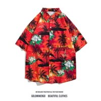 Mùa hè thực sự nam phiên bản Hàn Quốc mới của cây dừa hoa văn dáng rộng phong cách Hawaii giải trí thương hiệu thủy triều chất lượng cao thời trang Mỹ áo sơ mi ngắn tay mỏng hoa đỏ