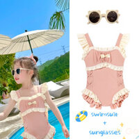 Mùa Hè Trẻ Em Bé Gái Đồ Bơi Dễ Thương Lông Tơ Tay Ngọt Nơ Màu Hồng Đồ Bơi Một Mảnh Cho Bé Gái 3-10 Tuổi