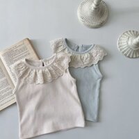 Mùa Hè Trẻ Em Không Tay Lớn Ren Cổ Mỏng Hố Dải Đáy Áo Sơ Mi Nữ Công Chúa Fan Đi Chơi Top