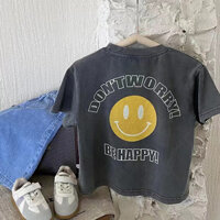 Mùa Hè Trẻ Em Phong Cách Mới Đẹp Trai Đau Khổ Giặt Bé Trai Đen Cotton Nguyên Chất Ngắn Tay Hoạt Hình Mặt Cười Áo Thun Hợp Thời Trang Top Mỏng