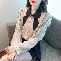 Mùa Thu 2023 Phong Cách Mới Xù Nơ Chấm Bi Đèn Lồng Dài Tay Chấm Bi Áo Sơ Mi Nữ Thiết Kế Niche Top E8WH