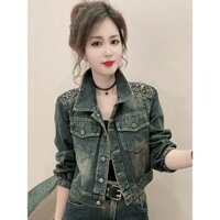 Mùa Thu 2024 Hàng Châu Âu Đính Hạt Kim Cương Nóng Denim Áo Khoác Nữ Cao Cấp Thiết Kế Ngắn Denim Top